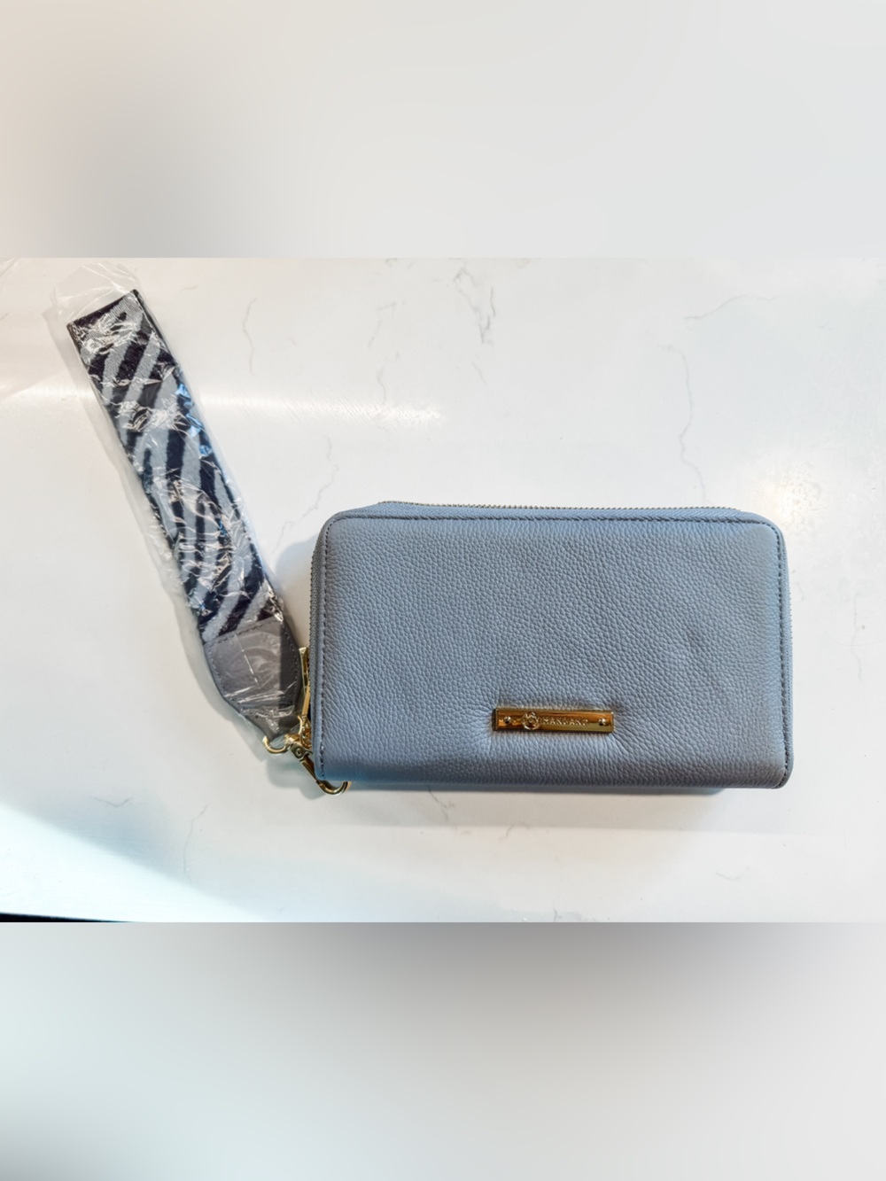 NWOT Joy Mangano Light Blue Leather Wristlet Wallet with Zebra Strap